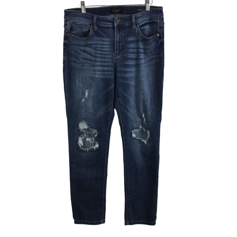 Judy Blue Womens Boyfriend Fit Distressed Dark Wash Denim Jeans Blue Size 11/30